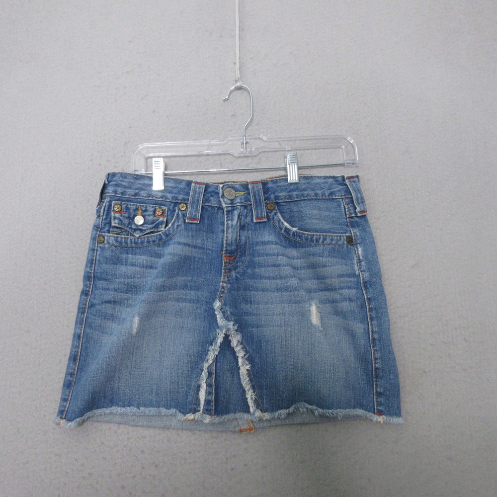 Vintage True Religion Jean Skirt Lola Distressed Y2K Horseshoe Flap Pocket USA